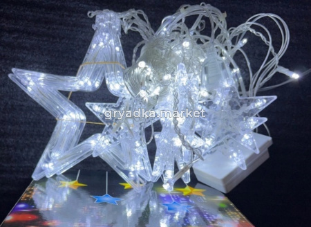 Гирлянда Звезды 12 шт, 2,5м прозрачный провод, холодный белый, переходник-30шт